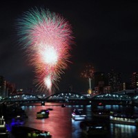2019年の隅田川花火大会の様子＝東京都台東区・墨田区境界の蔵前橋で2019年7月27日午後7時39分、小川昌宏撮影