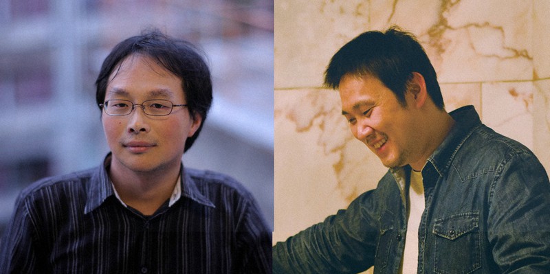 「ミニシアター・エイド基金」の発起人、深田晃司監督(左)と濱口竜介監督