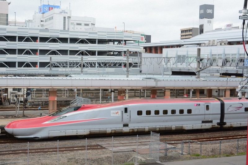 JR東日本秋田支社の「いえてつ!検定」でさまざまな問題が出されている秋田新幹線こまち=秋田駅で2020年4月23日午後4時46分、古川修司撮影