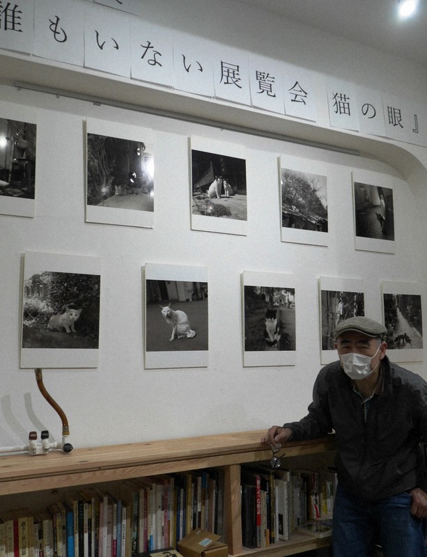 休業中の「花森書林」で猫の写真展を開催中の永田收さん。ホームページでは17点の作品を一つ一つ紹介している=神戸市中央区で2020年4月18日午後5時20分、木田智佳子撮影