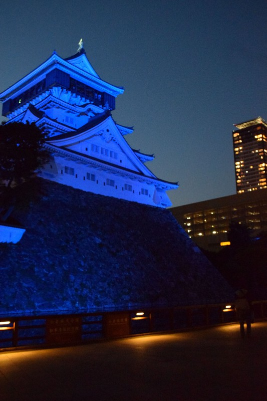 青い光で照らされた小倉城=北九州市小倉北区で2020年4月29日、浅野翔太郎撮影