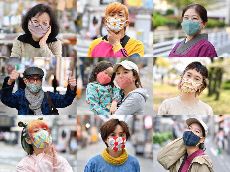 それぞれの手作りマスクを着ける人たち=大阪府内で2020年4月、猪飼健史撮影