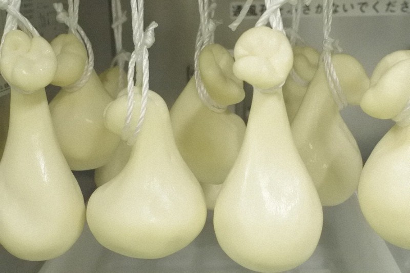 ひょうたんのような形が特徴のカチョカヴァロ。冷蔵庫につるして熟成させる=淡路島牛乳提供