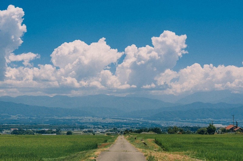 入道雲を追いかけるように走り抜けた長野県伊那市の田園風景=かつおさん提供