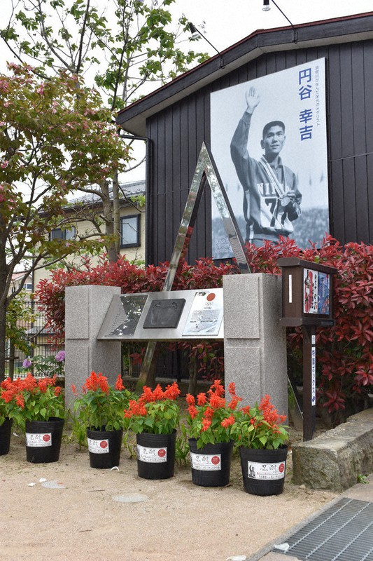 円谷幸吉メモリアルパークに飾られたサルビアの花鉢=福島県須賀川市大町で