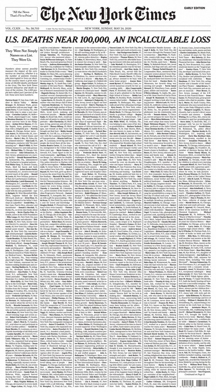 死者の名前や年齢など活字で埋められた1面=米紙ニューヨーク・タイムズの公式ツイッターより