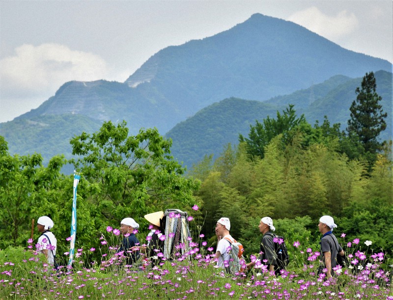 武甲山を望む道を歩く住職ら=埼玉県秩父市荒川で、山田研撮影