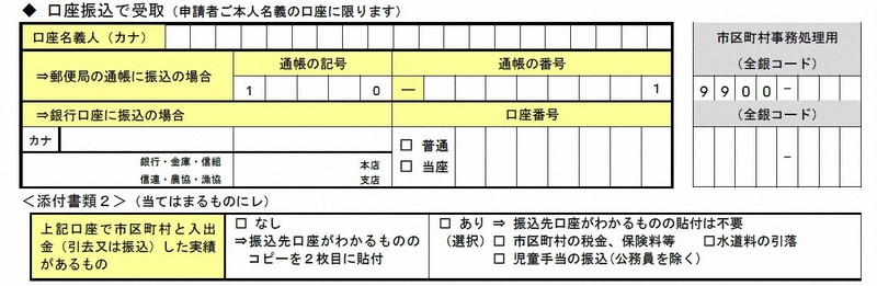 総務省が公表した標準様式の口座欄。住民税支払口座などを指定すれば、振込先口座がわかるものの添付は不要とした