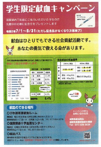 学生の献血待ってます 来月末まで 協力者に文房具 滋賀 毎日新聞