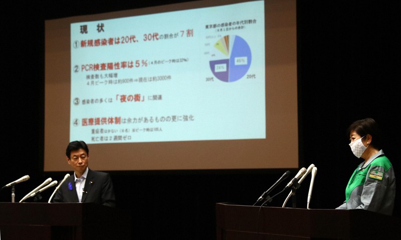 新型コロナウイルス感染防止対策について記者会見する西村康稔経済再生担当相(左)と東京都の小池百合子知事=東京都千代田区で2020年7月10日午後7時58分、喜屋武真之介撮影