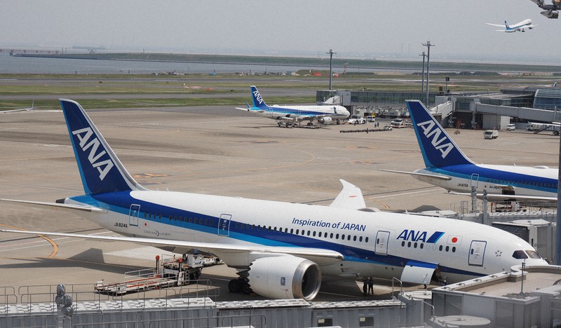 羽田空港に並んだ全日空機=2019年5月10日、米田堅持撮影