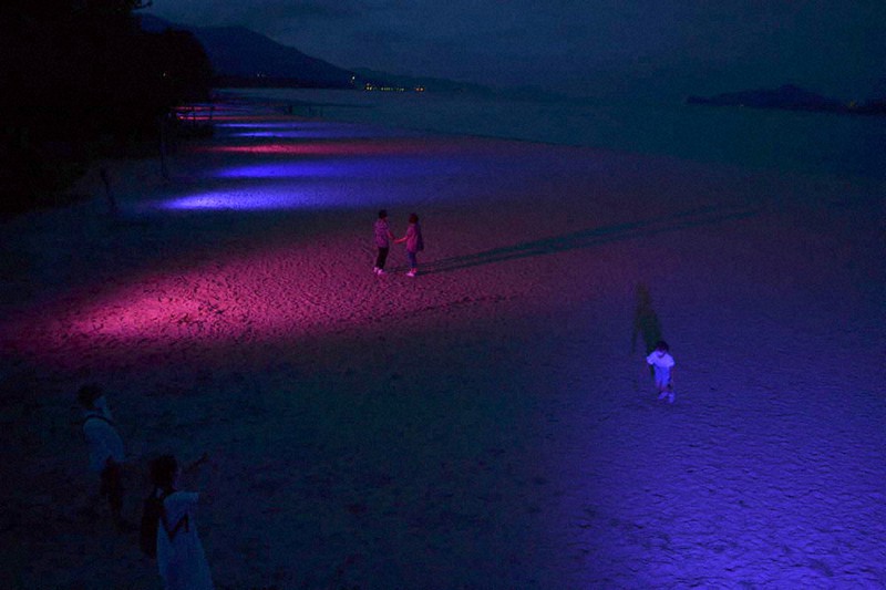 赤 青 黄 夜の砂浜を彩る光と音 京都 天橋立で9月まで 毎日新聞