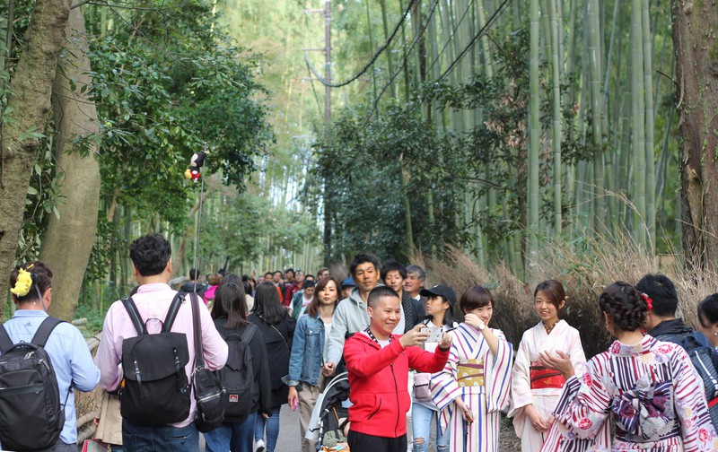 内外の観光客でにぎわう京都の「竹林の小径」=京都市右京区で2018年11月、奥村隆撮影