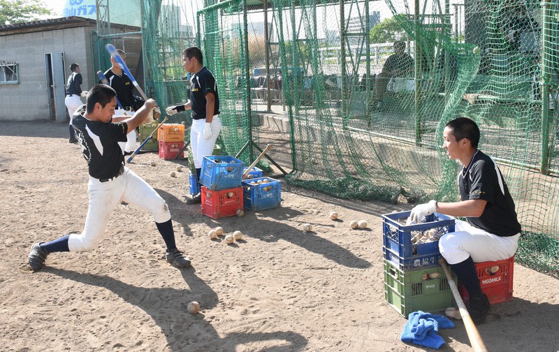 打撃練習に励む倉敷商の選手たち=岡山県倉敷市新田で2020年6月2日、松室花実撮影