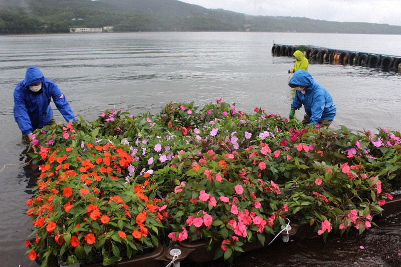 東京五輪へ準備着々 山中湖 出迎えの 花筏 毎日新聞