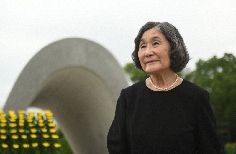 神奈川県の遺族代表として参列した被爆者の柴田実智子さん=広島市中区で2020年8月6日午前9時4分、山田尚弘撮影