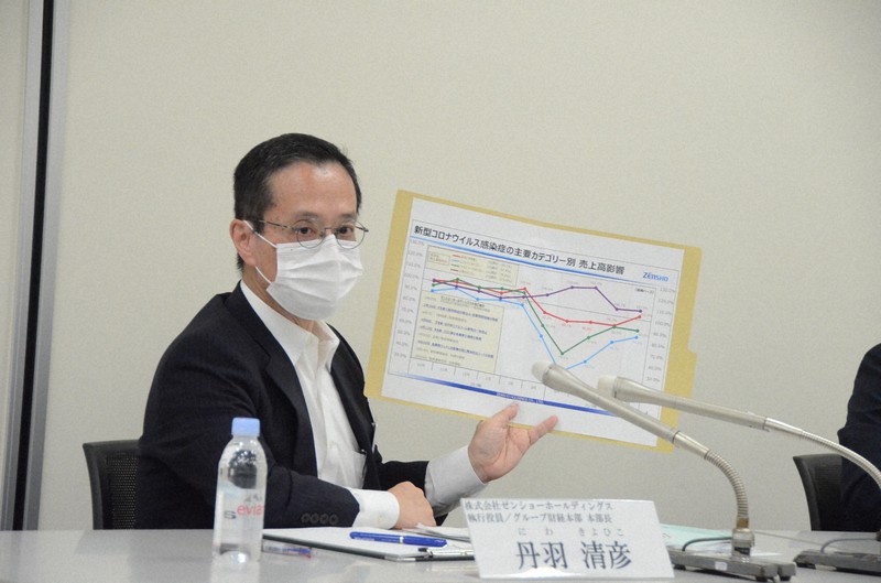 記者会見で4~6月期連結決算について説明するゼンショーホールディングスの丹羽清彦グループ財経本部長=東京都内で2020年8月7日、釣田祐喜撮影