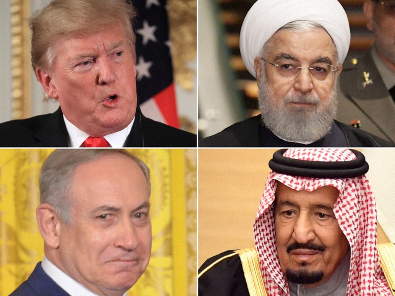 (左上から時計回りに)トランプ米大統領、イランのロウハニ大統領、サウジアラビアのサルマン国王、イスラエルのネタニヤフ首相