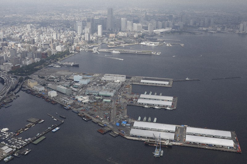 横浜市がIR候補地とする山下ふ頭=同市中区で2019年8月20日、本社ヘリから