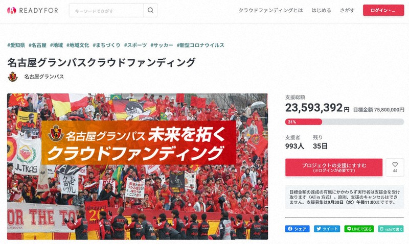 名古屋グランパスへの支援を呼びかけるCFサイト