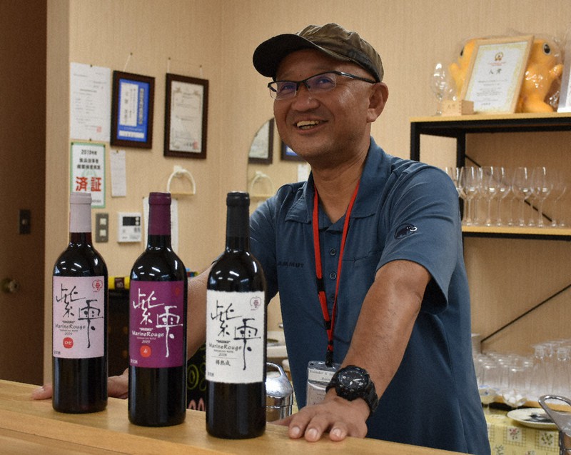 3種類の「紫雫」を並べるワイン醸造所「涼海の丘ワイナリー」所長、坂下誠さん=岩手県野田村で