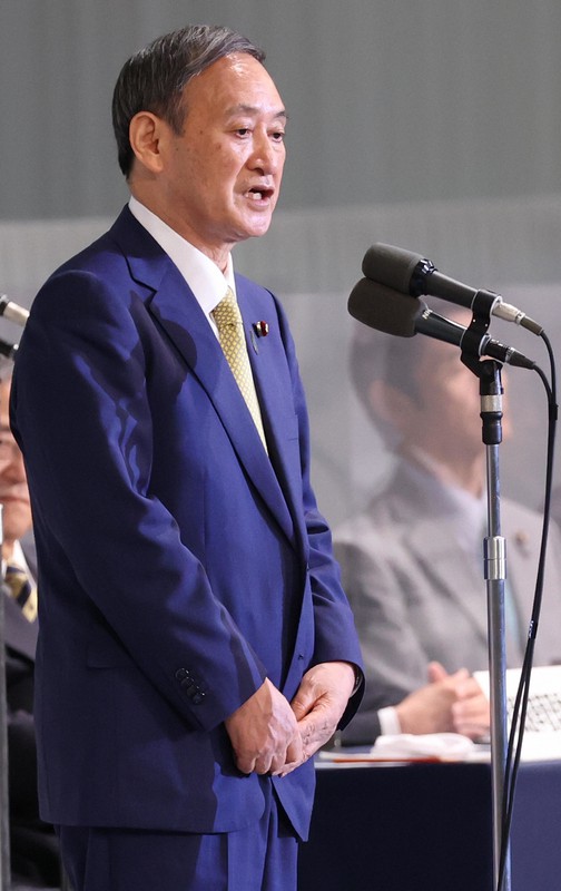 自民党総裁選後、あいさつする菅義偉氏。新政権ではどんなカラーを打ち出すのか=東京都内のホテルで2020年9月14日、宮武祐希撮影