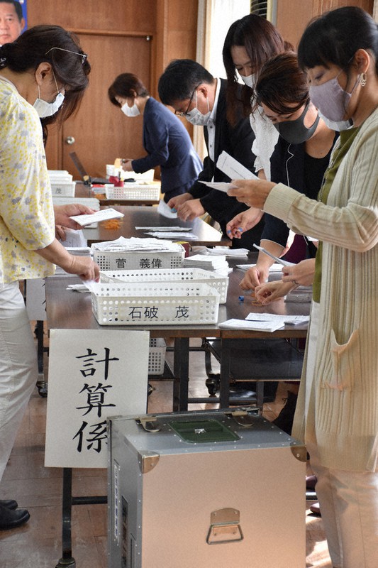 党員・党友による投票用紙を数える自民党県連関係者ら=和歌山市ト半町の自民党県連で、木原真希撮影