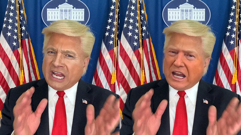 トランプ米大統領のものまね芸人が話す元の映像(左)と、その映像にトランプ氏の顔の映像を合成したディープフェイク(試作版)を並べた動画の一場面=米西部ロサンゼルスのAIベンチャー「ピンスクリーン」提供