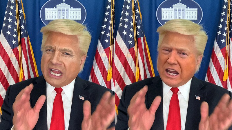 (左)トランプ米大統領のものまね芸人が話す元の映像と、(右)トランプ氏の顔の映像を合成したディープフェイク(試作版)=米ロサンゼルスのAIベンチャー「ピンスクリーン」提供