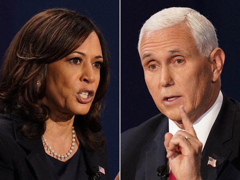 米副大統領候補討論会で質問に答える民主党のハリス上院議員(左)と共和党のペンス副大統領=米西部ユタ州ソルトレークシティーで2020年10月7日、AP