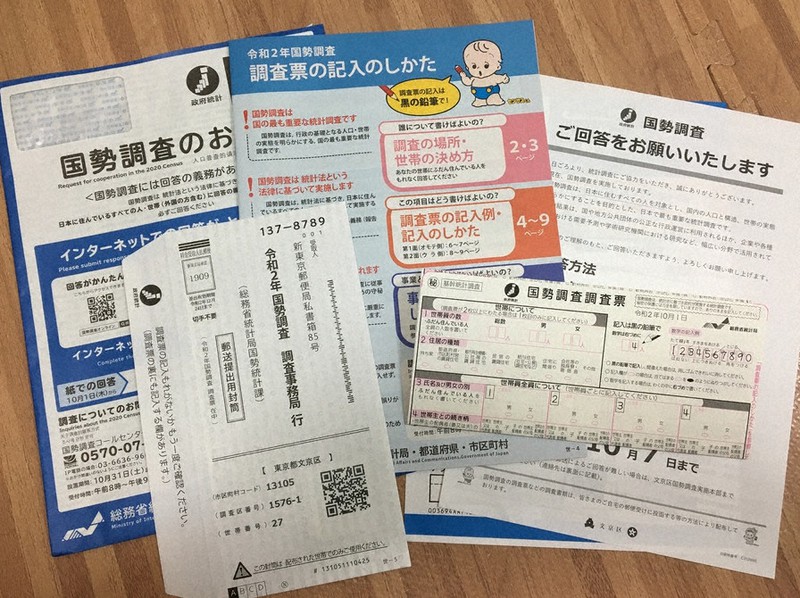 国勢調査の資料一式。記入の仕方を説明した冊子や返信封筒が同封されている