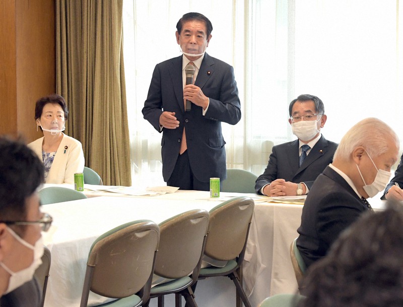 政策決定におけるアカデミアの役割に関する検討PT役員会で発言する下村博文政調会長(奥中央)。同右は塩谷立座長=東京都千代田区の同党本部で2020年10月14日午前11時6分、竹内幹撮影