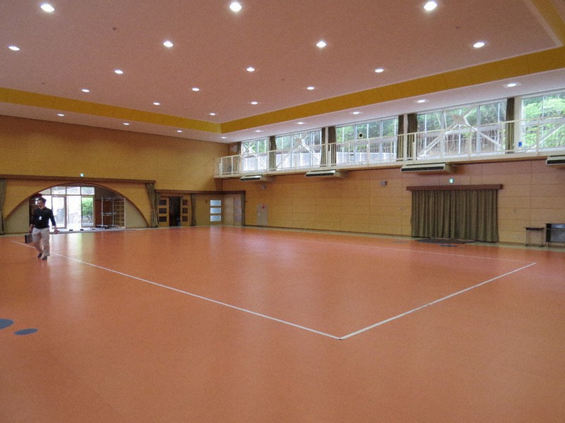 兵庫県姫路市立書写養護学校の体育館内部。床材には衝撃吸収性に優れた「タラフレックス」が使われている=姫路市提供