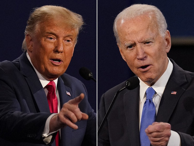最後のテレビ討論会で発言する共和党のトランプ大統領(左)と民主党のバイデン前副大統領=米南部テネシー州のベルモント大で2020年10月22日、AP