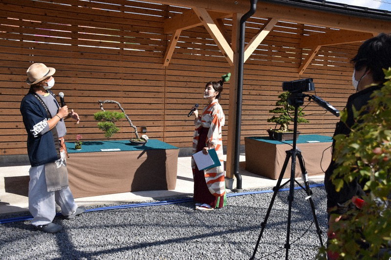 盆栽の魅力を伝える動画配信の様子=高松市の高松盆栽の郷で2020年10月24日午前10時12分、西本紗保美撮影