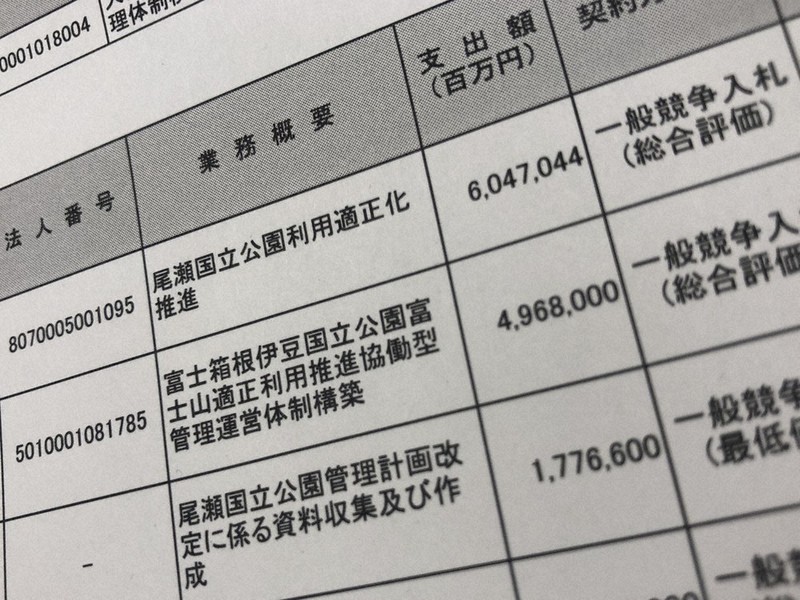 ケタを間違え、防衛予算や文教予算に匹敵する規模の予算額を支出したことになっているレビューシート。法人には必ず付けられるはずの法人番号が空欄の支出先もあり、調べてみても企業なのか公益法人なのかが分からない=東京都千代田区で31日、袴田貴行撮影