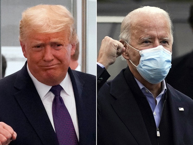 南部バージニア州の選対本部を訪れたトランプ米大統領(左)と、東部デラウェア州で聴衆に応えるバイデン前副大統領=いずれも2020年11月3日、AP