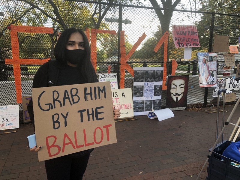 トランプ大統領の過去の女性蔑視発言をもじり「投票で彼を追い落とせ」と呼びかけるプラカードを掲げるニキータ・バリジェパリさん=米ワシントンのホワイトハウス前で3日、高本耕太撮影