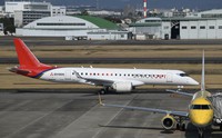 スペースジェットの試験10号機＝名古屋空港で2020年3月18日、兵藤公治撮影