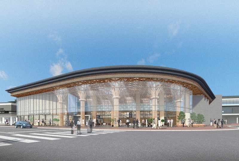 2023年3月にJR芦原温泉駅西口前に完成予定の「賑わい施設」イメージ図(福井県あわら市提供)