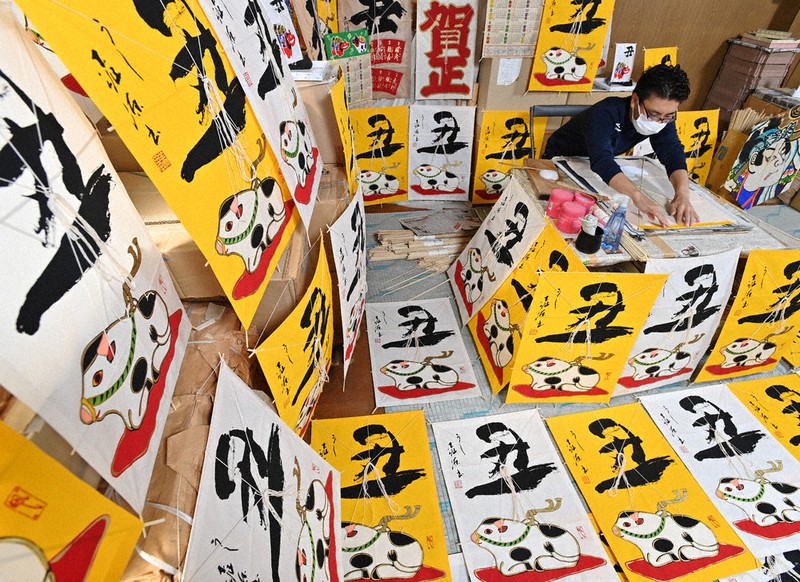 最盛期を迎えた来年の干支(えと)「丑(うし)」が描かれた和凧(たこ)づくり=名古屋市西区の「凧茂(たこも)本店」で2020年10月21日、兵藤公治撮影