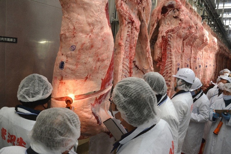 米沢牛の枝肉を品定めする食肉業者ら=山形県米沢市の市食肉市場で2020年12月3日14時5分、佐藤良一撮影