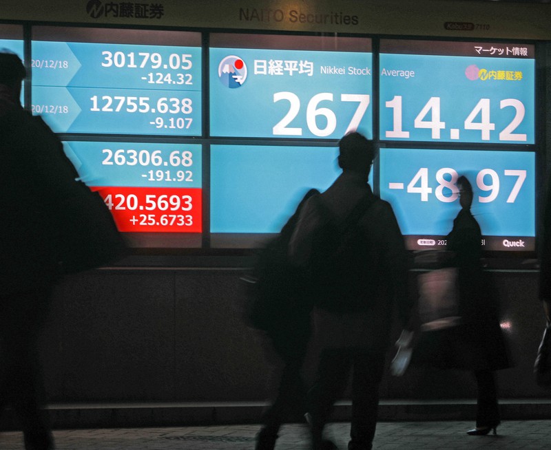 日経平均株価の終値などを示す街頭のモニター=東京都中央区で2020年12月21日午後6時48分、小川昌宏撮影