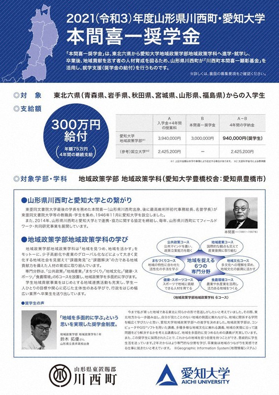 大学倶楽部 愛知大 山形県川西町 愛知大学 本間喜一奨学金 地域政策学部に進学者対象に給付 毎日新聞