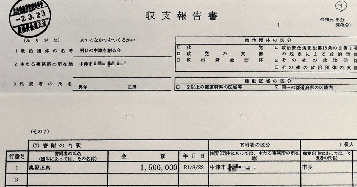 中津市長 公選法逃れか 昨年市長選 後援会に１５０万円迂回寄付 大分 毎日新聞
