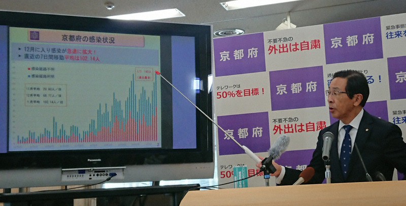 府内の新型コロナウイルス感染状況を説明する西脇隆俊知事=府庁で2021年1月8日午後1時26分、大川泰弘撮影