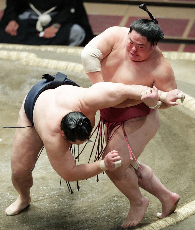 輝(左)をとったりで降し、8連勝の大栄翔=吉田航太撮影