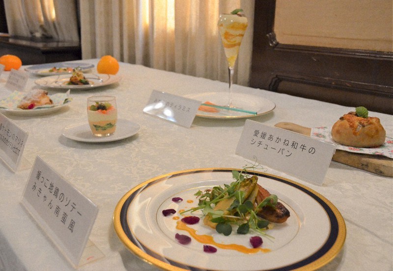 県産柑橘(かんきつ)を使ったメニュー=県庁で、木島諒子撮影