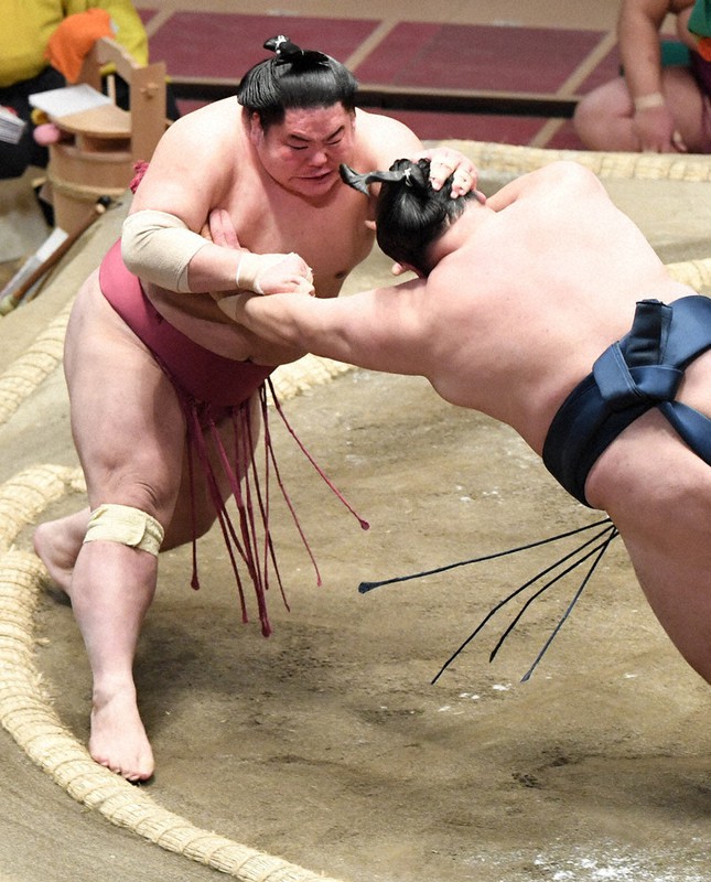 玉鷲(右)をはたき込みで降す大栄翔=竹内紀臣撮影