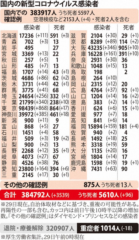 国内の新型コロナウイルス感染者(29日)